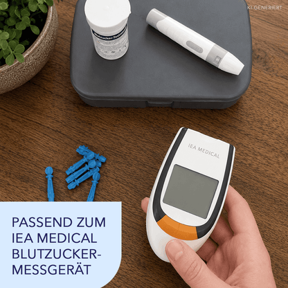 Teststreifendose, Stechhilfe und blaue Lanzetten neben einer Hand mit dem weißen IEA-Medical-Messgerät.