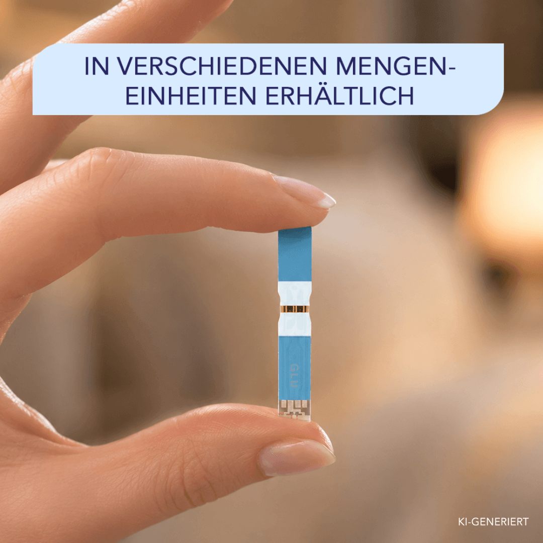 Finger halten einen einzelnen blauen Blutzucker-Teststreifen, Hinweis auf verschiedene Mengeneinheiten.