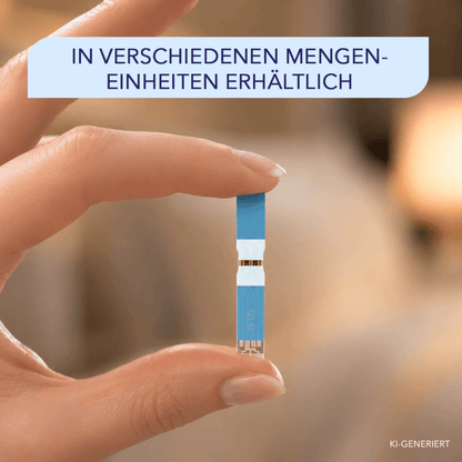 Finger halten einen einzelnen blauen Blutzucker-Teststreifen, Hinweis auf verschiedene Mengeneinheiten.