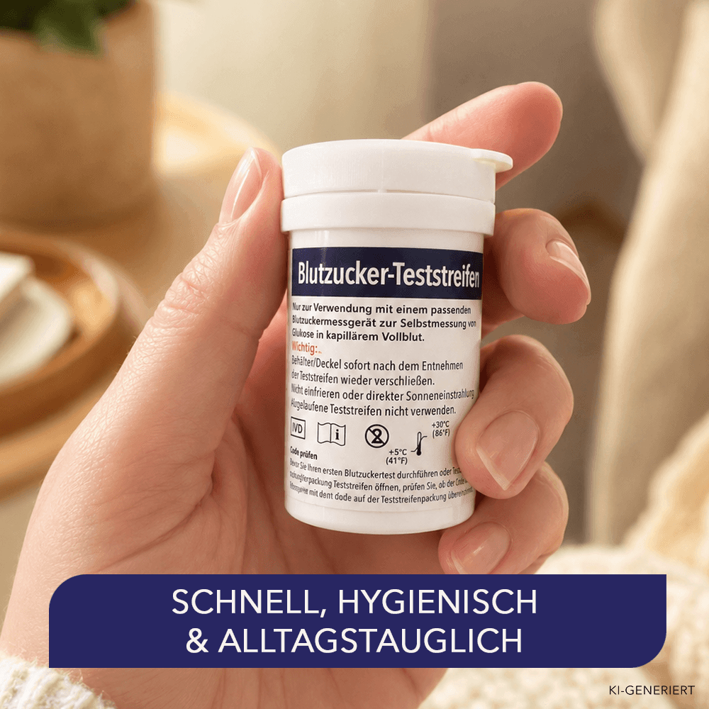 Hand hält eine weiße Dose Blutzucker-Teststreifen mit Etikett und Anwendungshinweisen vor hellem Hintergrund.