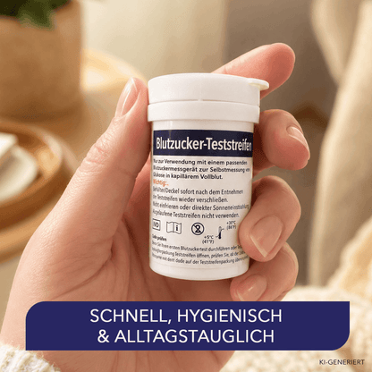 Hand hält eine weiße Dose Blutzucker-Teststreifen mit Etikett und Anwendungshinweisen vor hellem Hintergrund.