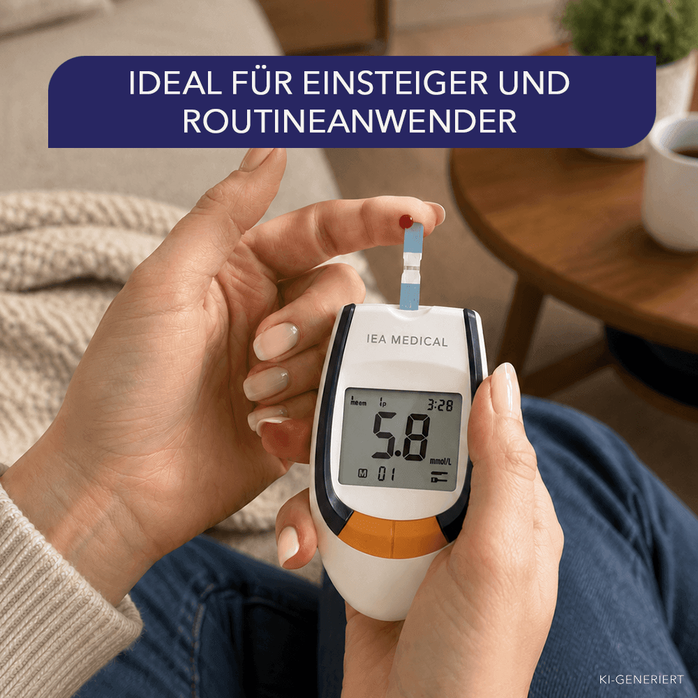 Fingerkuppe mit Blutstropfen und Teststreifen am IEA-Medical-Messgerät, das 5,8 mmol/l auf dem Display anzeigt.