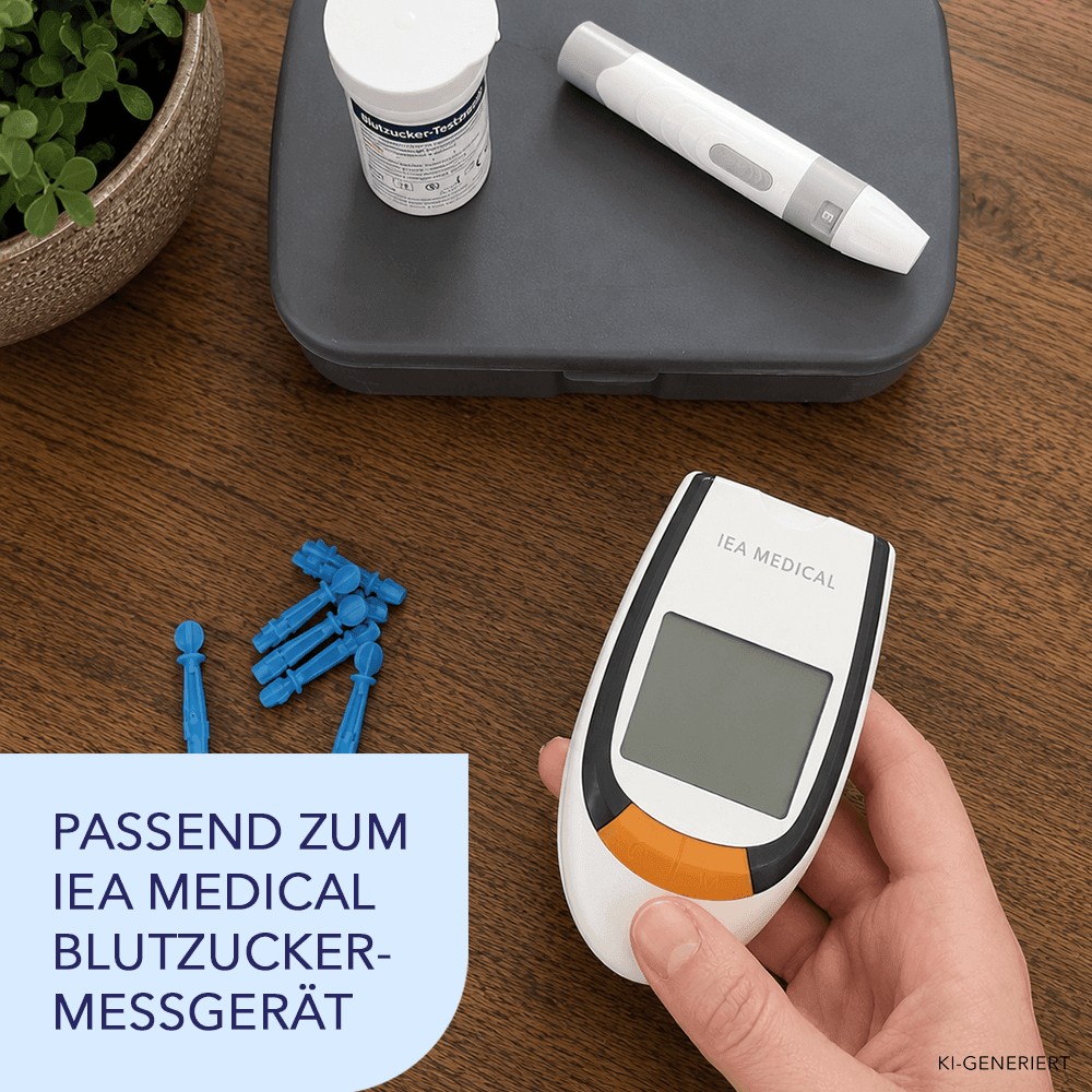 Graues Etui, Teststreifendose und Stechhilfe sowie blaue Lanzetten neben einer Hand mit dem IEA-Medical-Messgerät.