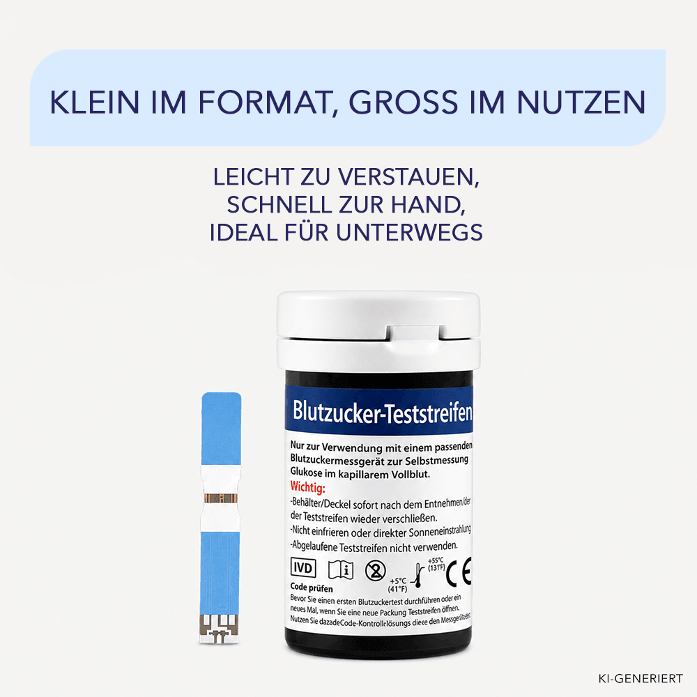 Weiße Dose mit blauem Etikett Blutzucker-Teststreifen und einzelner Teststreifen auf hellem Hintergrund.