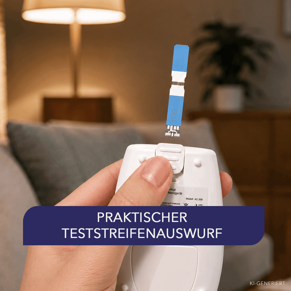 Hand hält das weiße Messgerät AC-309, aus dem ein blauer Teststreifen nach oben ausgeworfen wird.