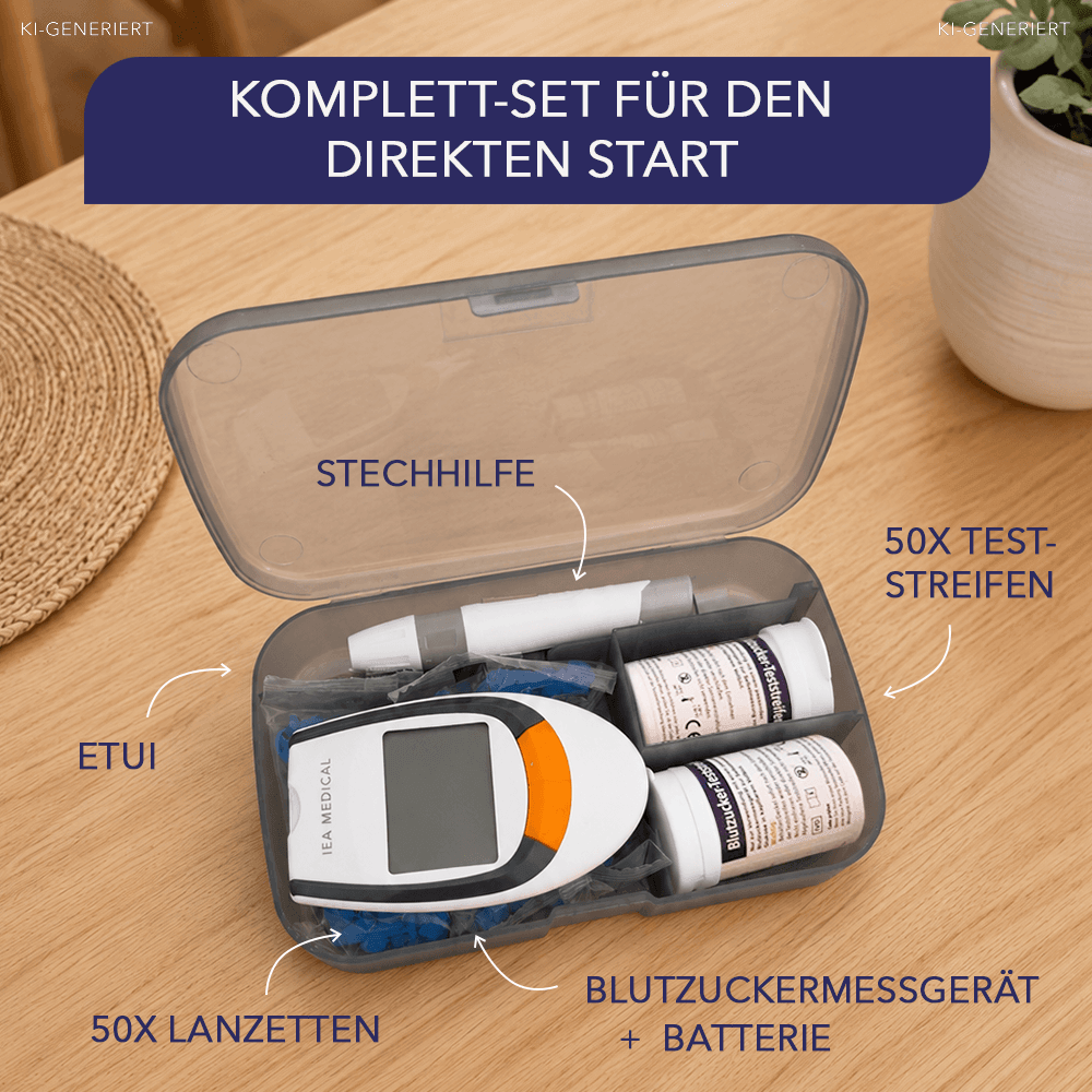 Geöffnetes Etui mit Blutzuckermessgerät, Stechhilfe, 50 Teststreifen und 50 Lanzetten, jeweils beschriftet.