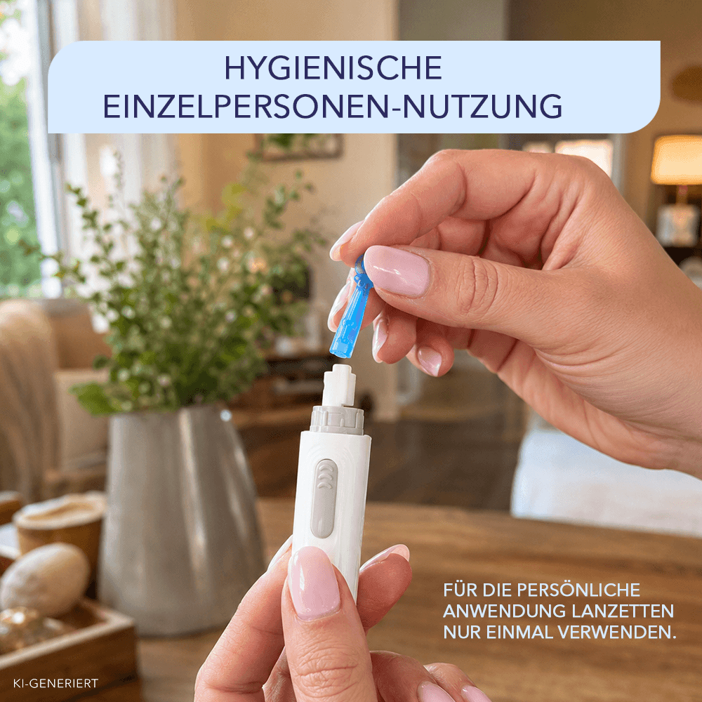 Hände setzen eine blaue Lanzette in eine weiße Stechhilfe ein, Hinweis Lanzetten nur einmal verwenden.