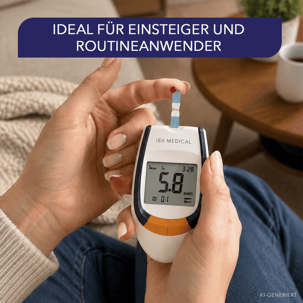 Blutstropfen an der Fingerkuppe wird auf den Teststreifen im IEA-Medical-Messgerät gegeben, Anzeige 5,8 mmol/l.