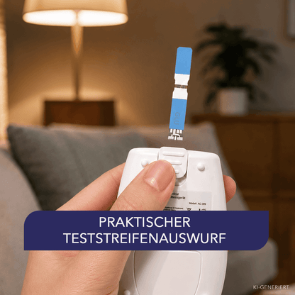 Hand hält das IEA-Medical-Messgerät AC-309, ein blauer Teststreifen wird über den Auswurfschieber ausgeworfen.