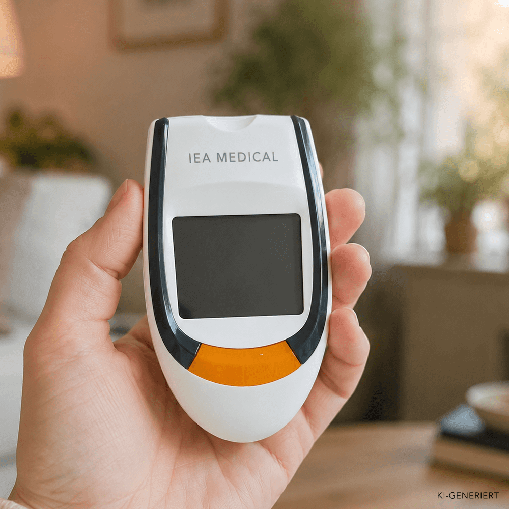 Hand hält ein weiß-oranges IEA-Medical-Blutzuckermessgerät vor unscharfem Wohnzimmerhintergrund.
