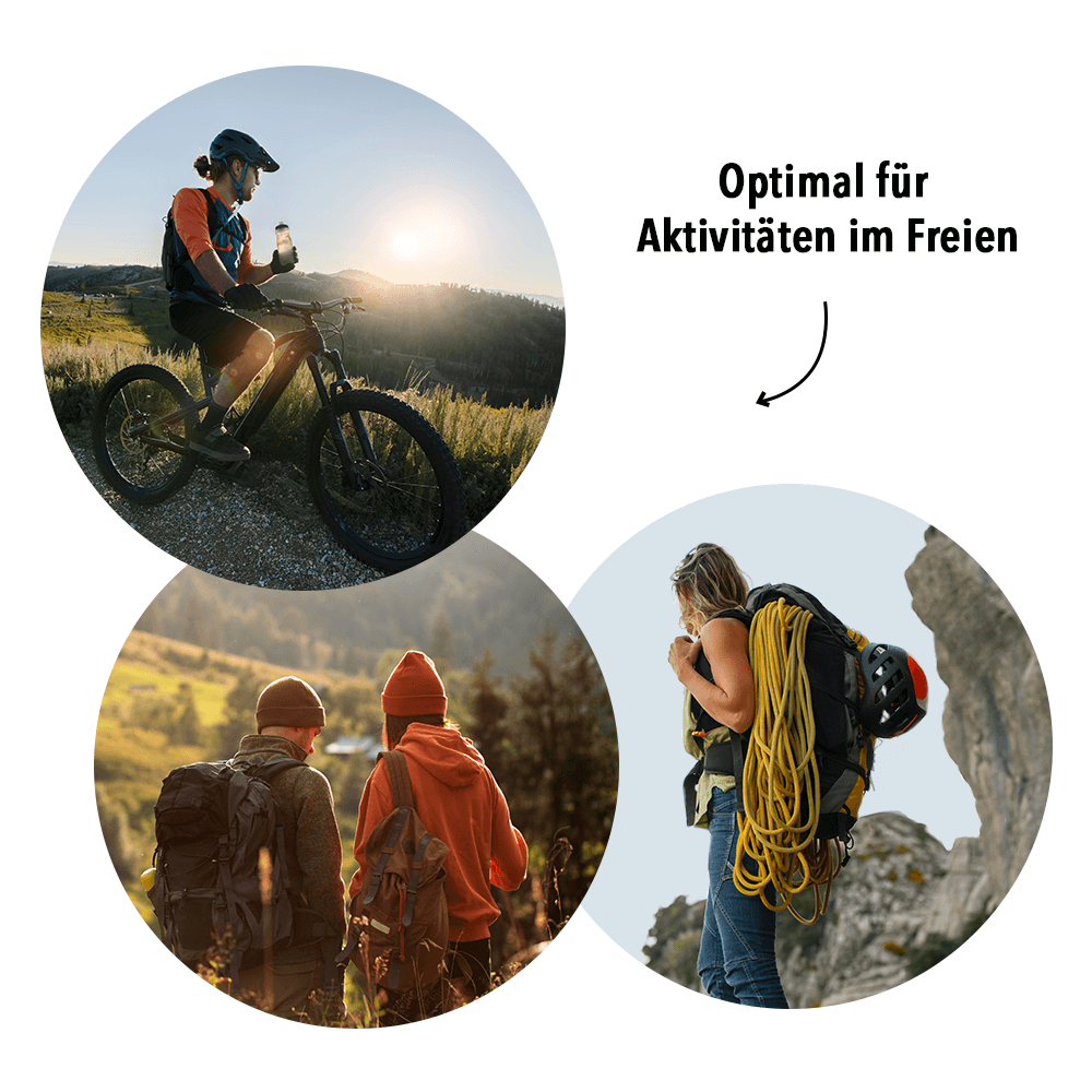 Collage mit Outdoor-Szenen (Radfahren, Wandern, Hund) und Text „Optimal für Abenteurer in freien“ – Aussage: Erste-Hilfe-Set für Outdoor/Aktivitäten.