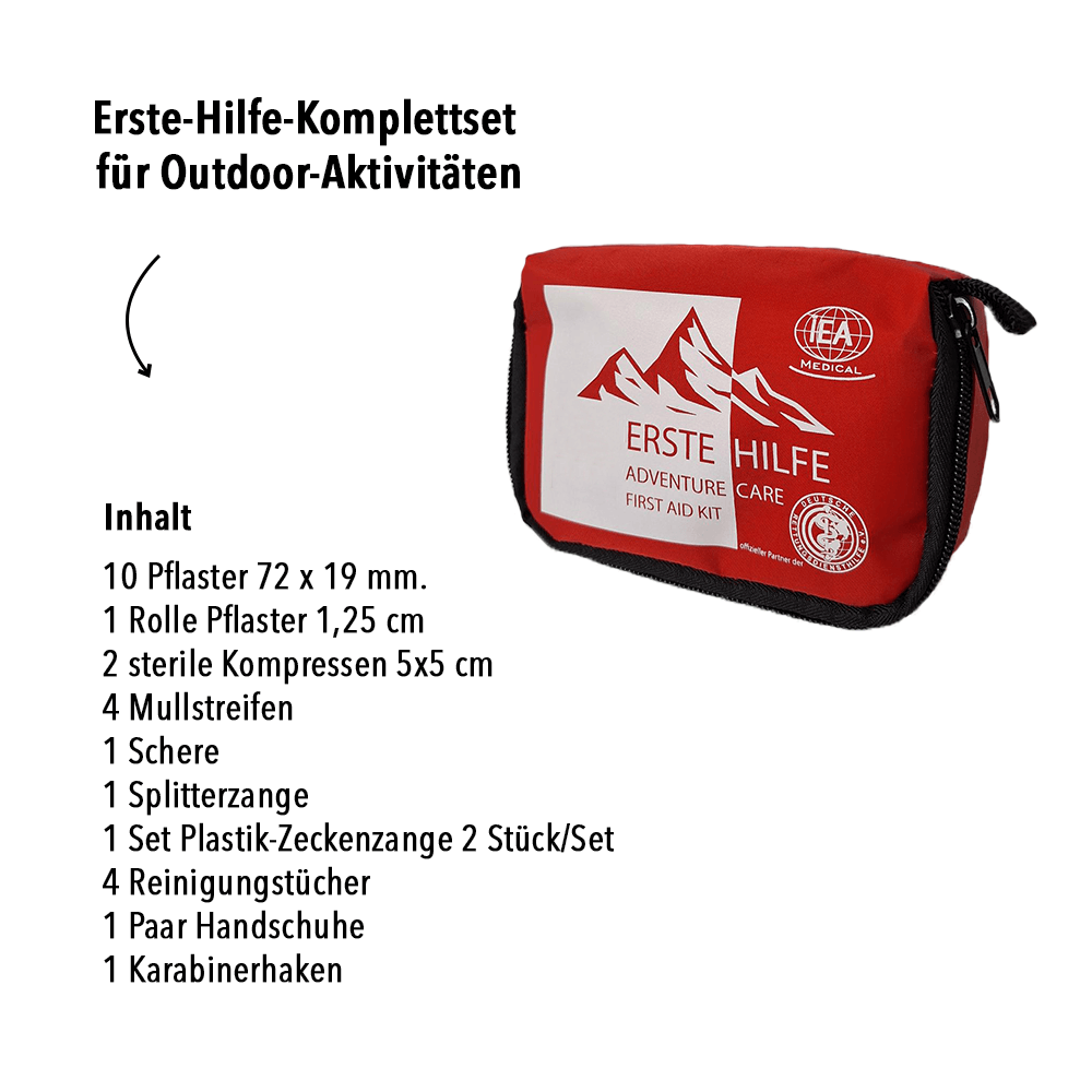 Infografik „Erste-Hilfe-Komplettset für Outdoor-Aktivitäten“: rote Erste-Hilfe-Tasche mit Inhaltsliste (u. a. Pflaster, Kompressen, Mullbinden, Schere, Handschuhe, Karabinerhaken).