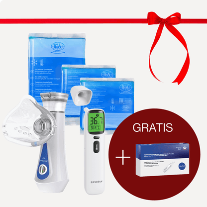 Family Care Set bestehend aus Inhalator, Fieberthermometer, Kalt-Warm-Kompressen und Kochsalzlösung