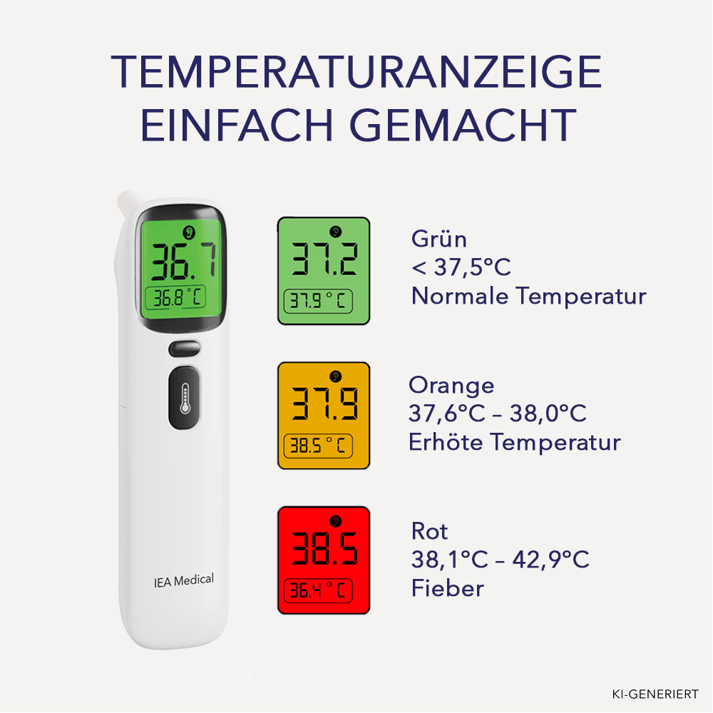 Digitalthermometer mit Farbskala: grün normale, orange erhöhte und rote Temperatur ab 38,1 Grad als Fieber.