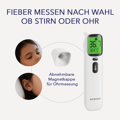 Infografik: kontaktloses Fieberthermometer mit Text „Fieber messen nach Wahl: Stirn oder Ohr“; zeigt abnehmbare Magnetkappe für Ohrmessung und Anwendung am Kind.