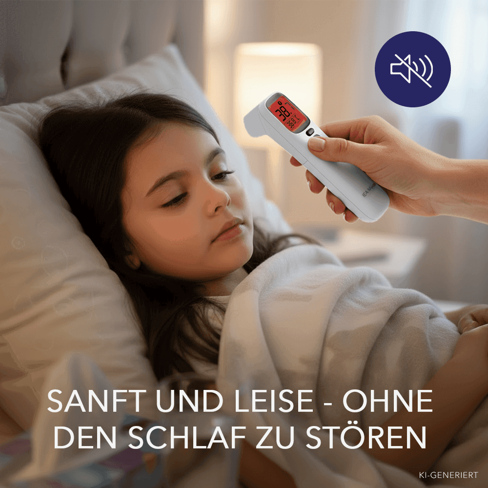Hand misst mit einem Stirnthermometer die Temperatur eines schlafenden Mädchens, Symbol zeigt lautlose Messung.