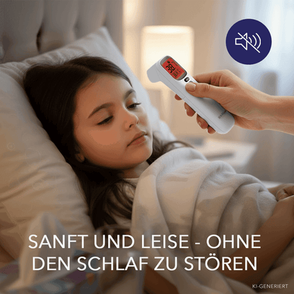 Hand misst mit einem Stirnthermometer die Temperatur eines schlafenden Mädchens, Symbol zeigt lautlose Messung.