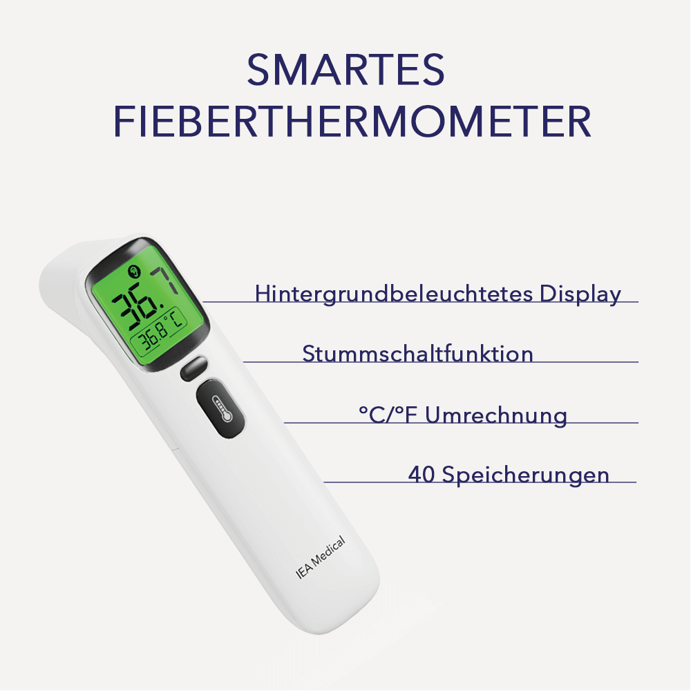 Infografik „Smartes Fieberthermometer“: zeigt kontaktloses Thermometer und Funktionen wie hintergrundbeleuchtetes Display, Stummschaltfunktion, °C/°F-Umschaltung und Speicher (40 Messungen).