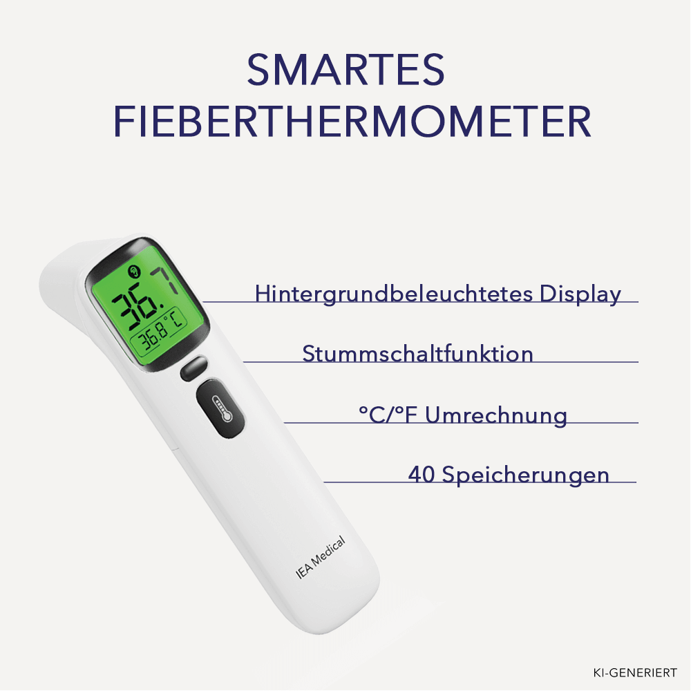 Weißes Stirnthermometer mit Merkmalen: beleuchtetes Display, Stummschaltung, Celsius-Fahrenheit und 40 Speicherplätze.