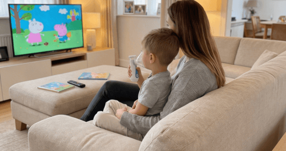Ein Kind sitzt mit seiner Mutter auf der Couch und inhaliert mit dem IEA Medical Inhalationsgerät