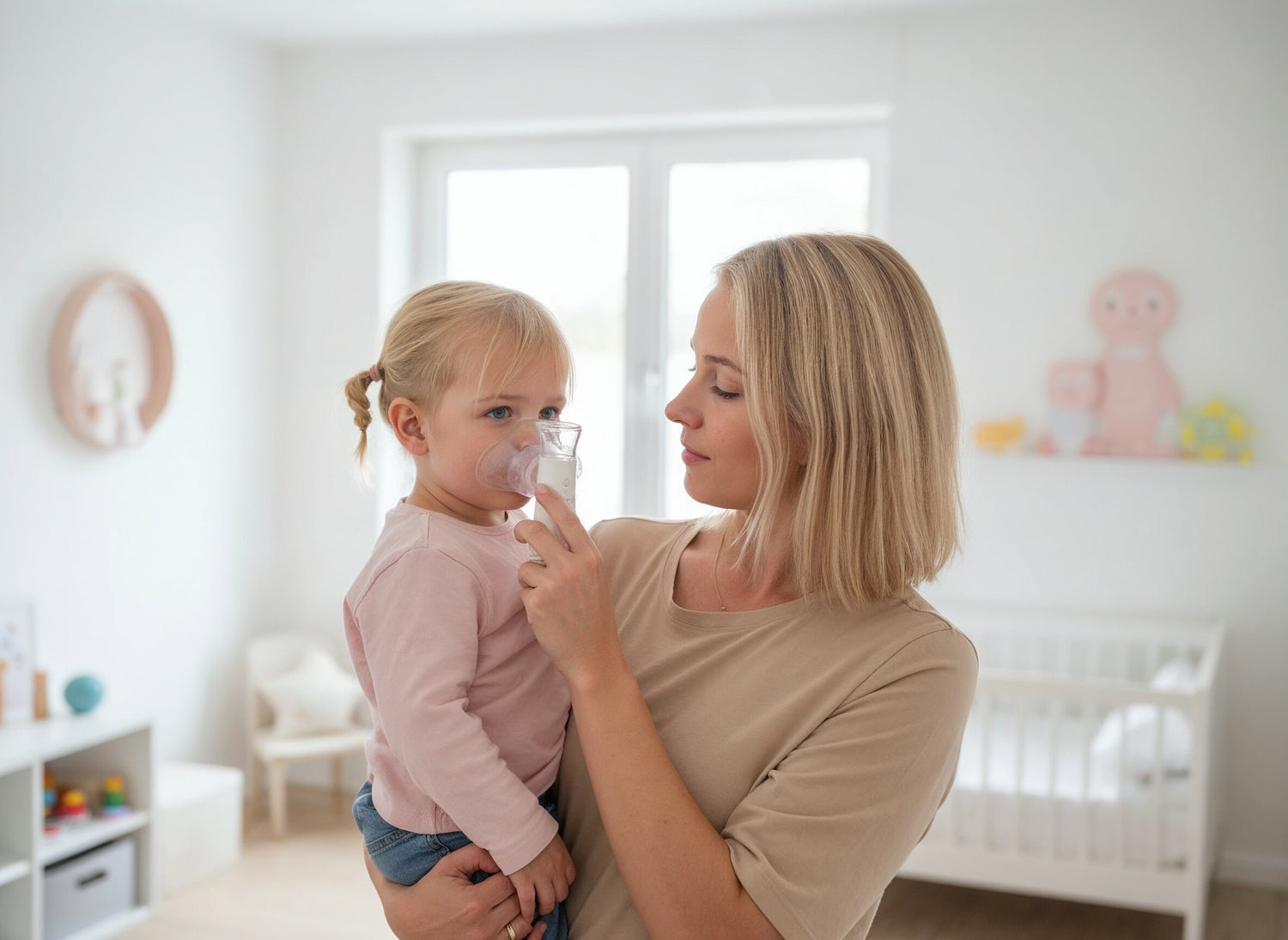 Ein kleines Kind inhaliert mit dem IEA Medical Inhalationsgerät