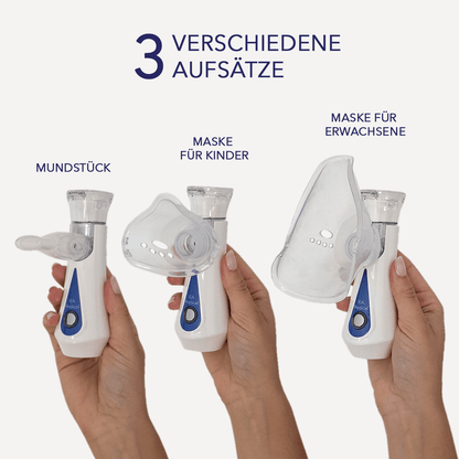 Drei Hände halten den Vernebler mit Mundstück, Kindermaske und Erwachsenenmaske, Text „3 verschiedene Aufsätze“.