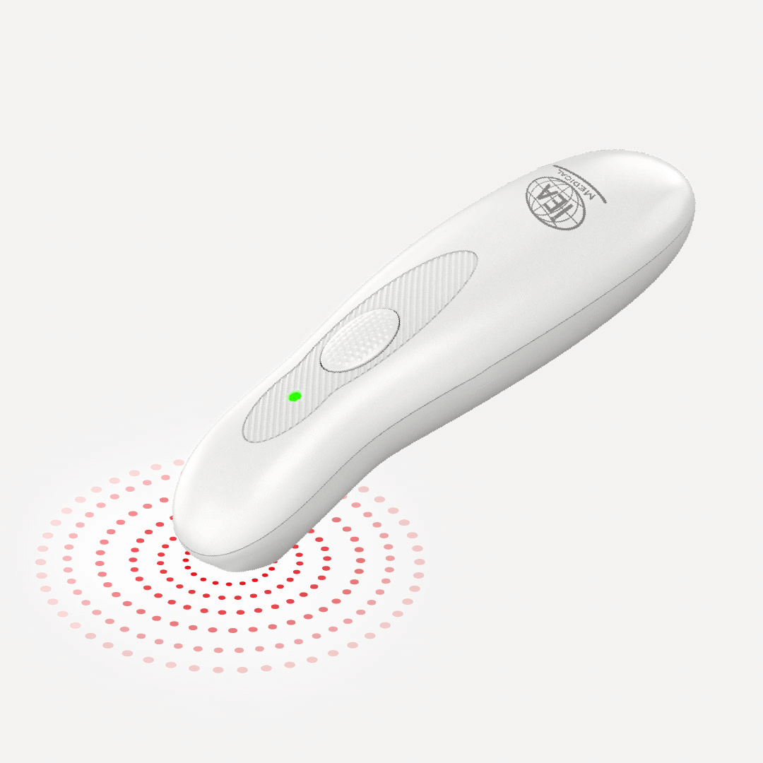 Insektenstichheiler in Weiß, ergonomisches Handgerät mit grüner LED und IEA-Medical-Logo, rote Wellengrafik unten.
