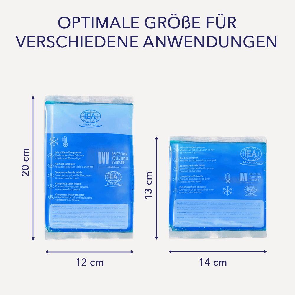 Größenübersicht mit zwei Kompressen; Text im Bild: „Optimale Größe für verschiedene Anwendungen“, Maße: 12×20 cm und 14×13 cm.