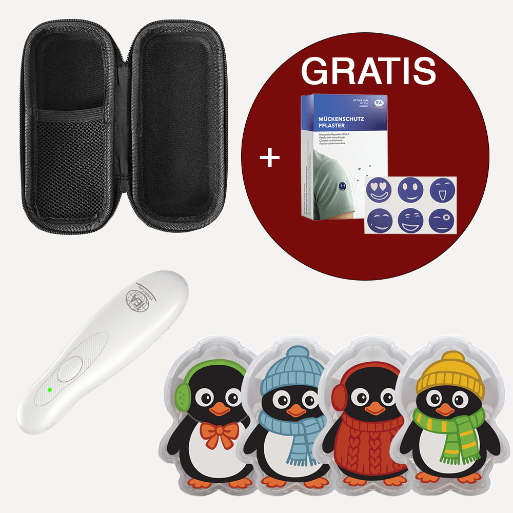 Set mit schwarzem Etui, weißem Insektenstichheiler, vier Pinguin-Kompressen und gratis Mückenschutzpflastern.