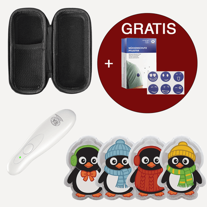 Set mit schwarzem Etui, weißem Insektenstichheiler, vier Pinguin-Kompressen und gratis Mückenschutzpflastern.