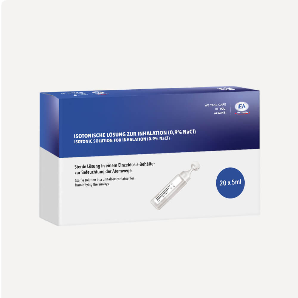 Packung „Isotonische Lösung zur Inhalation (0,9% NaCl)“ von IEA Medical, 20 × 5 ml, Produktfoto auf weißem Hintergrund.