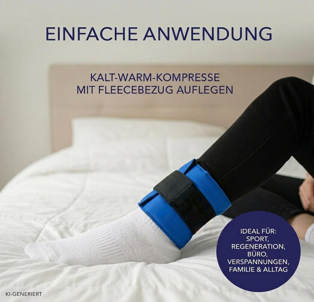 Person auf dem Bett mit einer blauen Kalt-Warm-Kompresse samt Fleecebezug und Gurt am Knöchel.