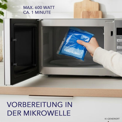 Hand legt eine blaue Gelkompresse in eine offene Mikrowelle, Angabe maximal 600 Watt und etwa eine Minute.