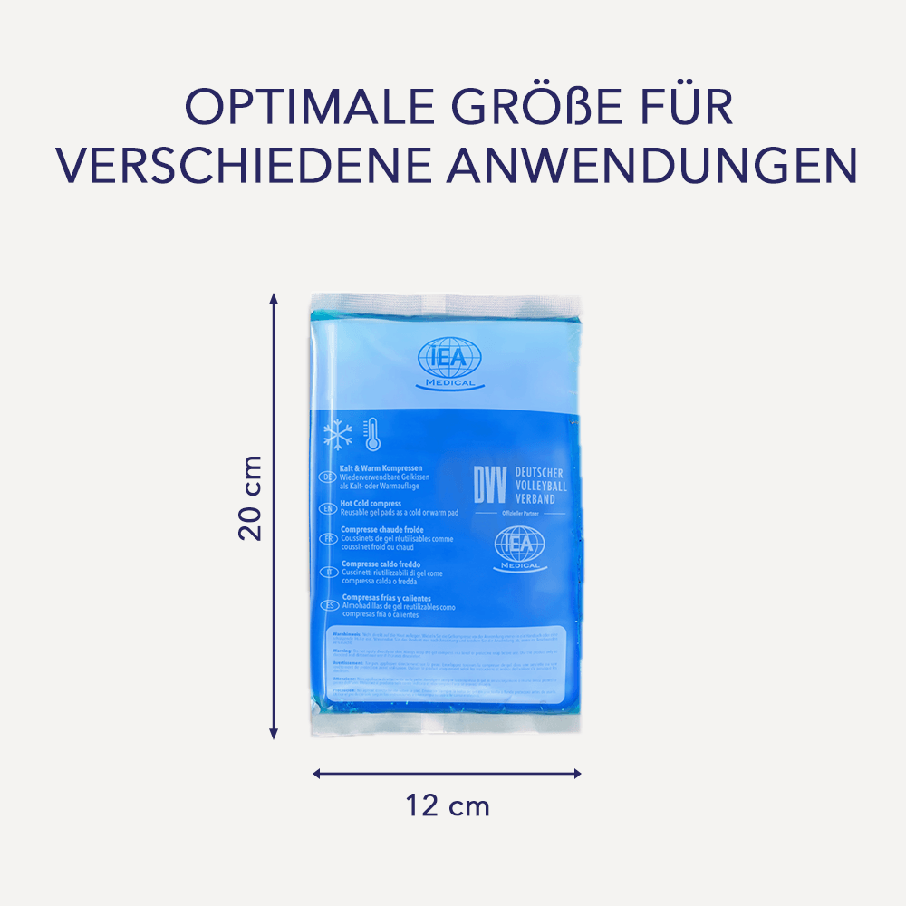 Einzelne blaue IEA Medical Kalt-Warm-Kompresse mit Maßangabe 20 mal 12 Zentimeter sowie IEA- und DVV-Logo.