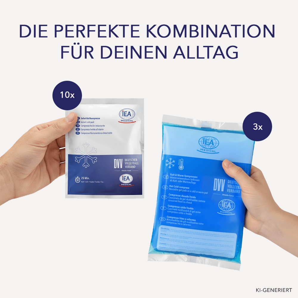Zwei Hände halten eine weiße Sofort-Kaltkompresse (10x) und eine blaue Kalt-Warm-Gelkompresse (3x).