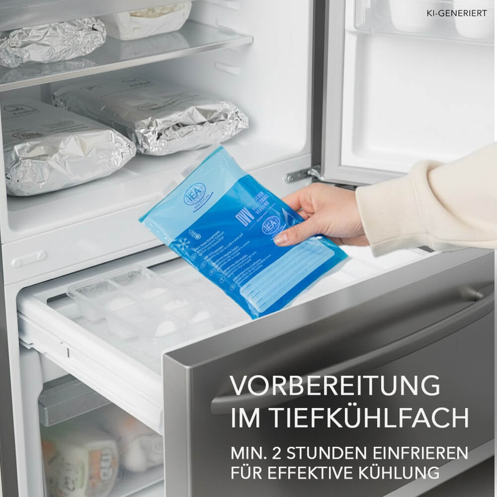Hand legt eine blaue Kalt-Warm-Gelkompresse ins Gefrierfach, Hinweis mindestens zwei Stunden einfrieren.