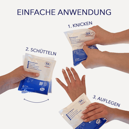 Drei-Schritt-Anleitung mit Händen und Kaltkompresse: erst knicken, dann schütteln, anschließend auflegen.