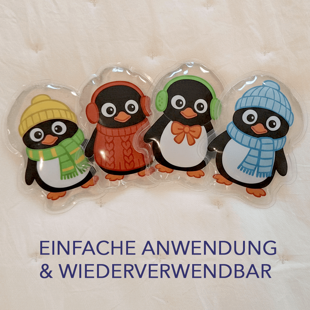 Vier Pinguin-Kompressen auf hellem Stoff; Bildtext: einfache Anwendung und wiederverwendbar.