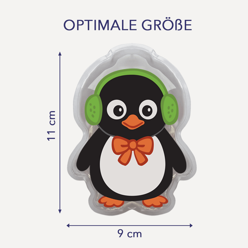 Einzelne Pinguin-Kompresse mit grünen Ohrenschützern und Maßangaben 11 mal 9 Zentimeter; Text im Bild: optimale Größe.