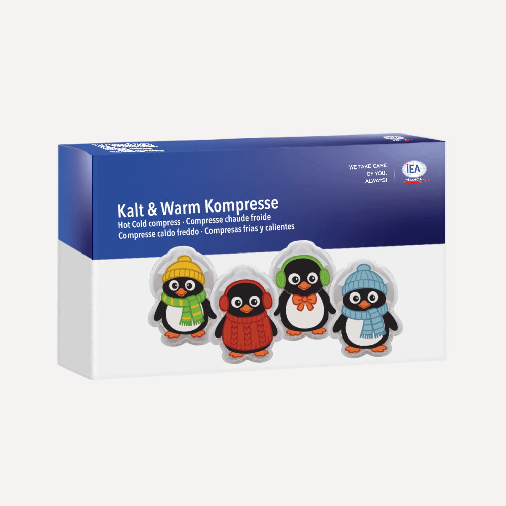 Verpackung Kalt & Warm Kompresse mit IEA-Medical-Logo und Abbildung der vier Pinguin-Kompressen.