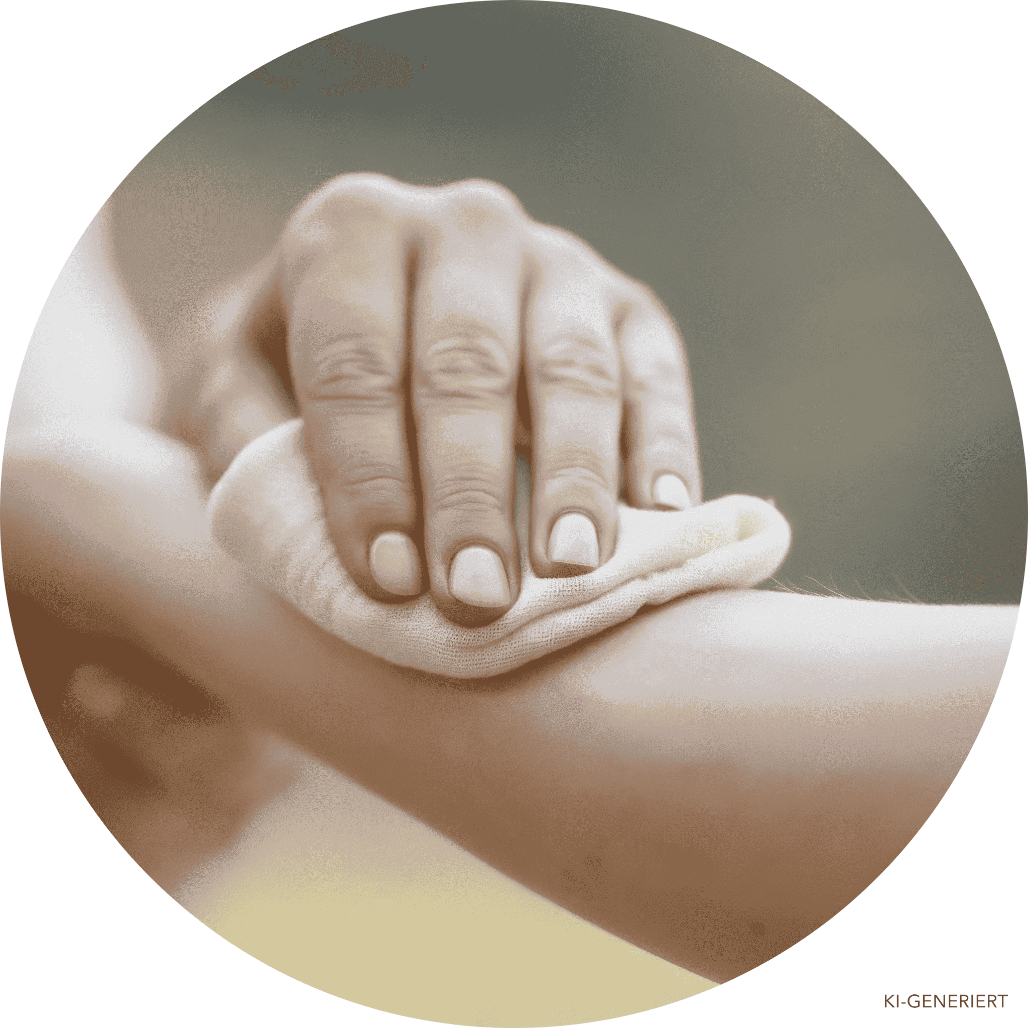 Hand liegt auf dem Unterarm mit einem Tuch in der Hand und reinigt die betroffenen Stelle.