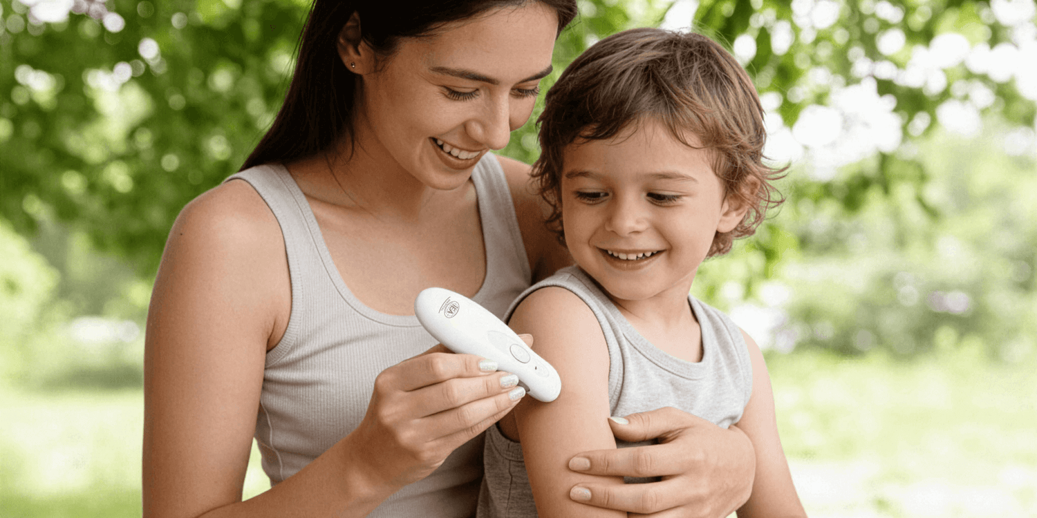 Eine Frau hat einen kleinen Jungen auf dem Arm. Sie hält den IEA Medical Insektenstichheiler auf den Arm des kleinen Jungen drauf. Beide lächeln.