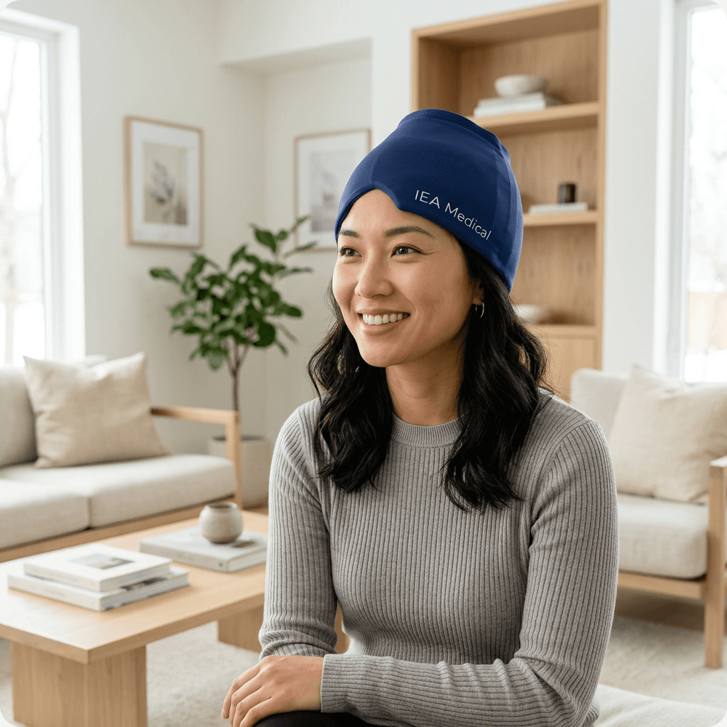 Frau in hellem Pullover mit blauer IEA Medical Migränemaske sitzt lächelnd in einem hellen, modernen Wohnraum.