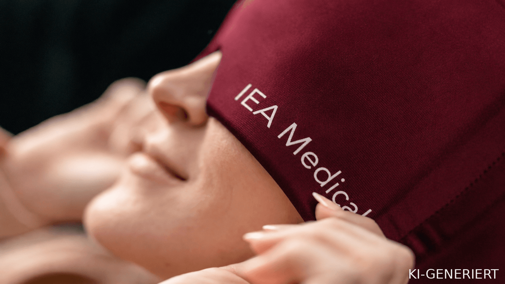 Close-up der IEA Medical Migränemaske auf dem Gesicht – ruhige Entspannungsszene.