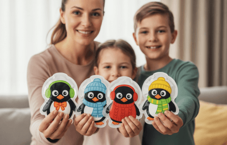 Eine Familie mit einer Mutter und zwei Kindern hält die IEA Medical Kalt Warm Kompressen in Pinguin Motive in die Kamera
