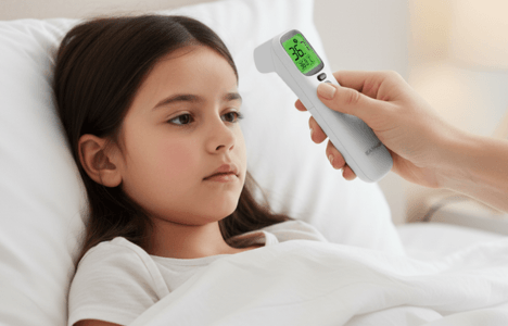 Ein Mädchen liegt krank im Bett und die Mutter misst Fieber mit dem digitalen Fieberthermometer von IEA Medical