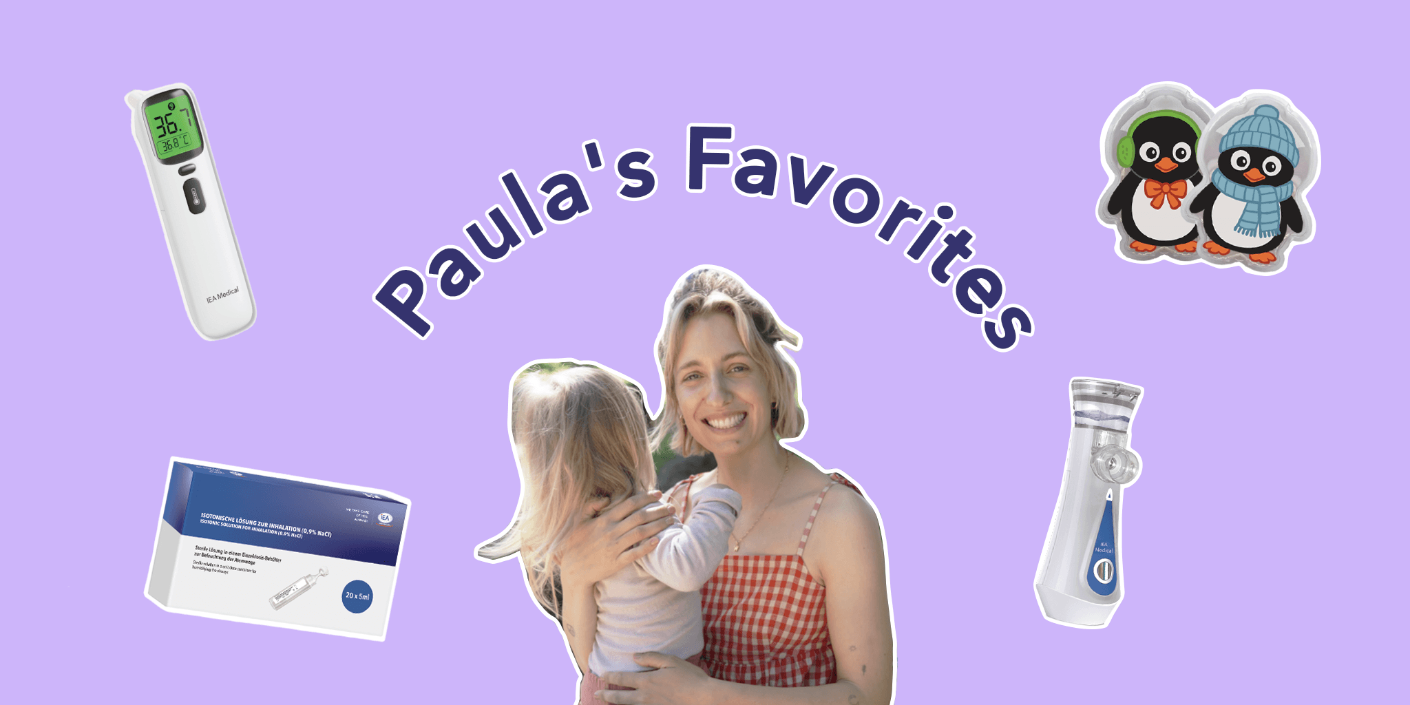 Ein Bildbanner mit Paula und unterschiedlichen Produkten von IEA Medical