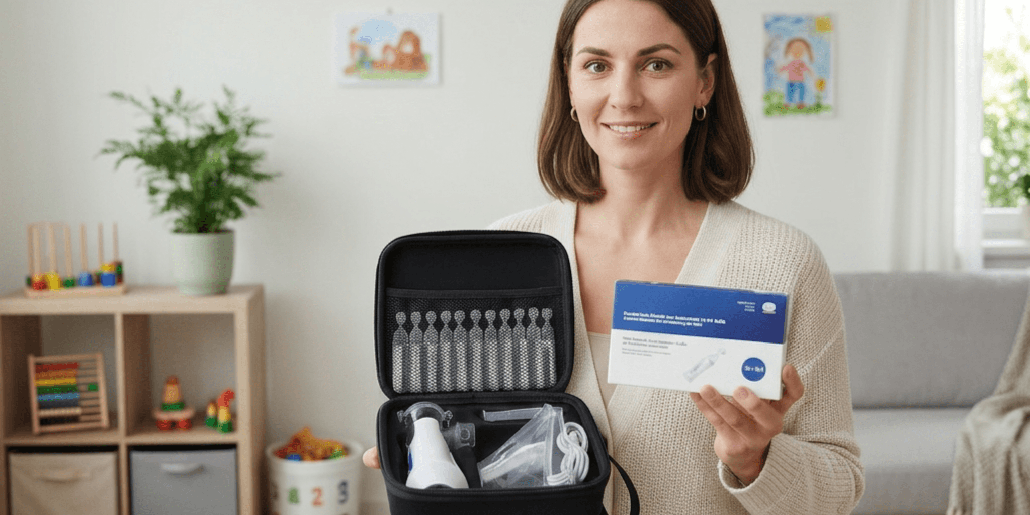 Eine Frau hält den IEA Medical Inhalator und die Kochsalzlösung in die Kamera.