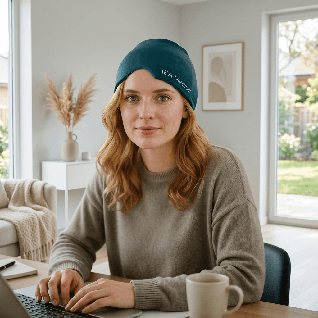 Eine Frau trägt die IEA Medical Migränemaske während sie an ihrem Laptop arbeitet.