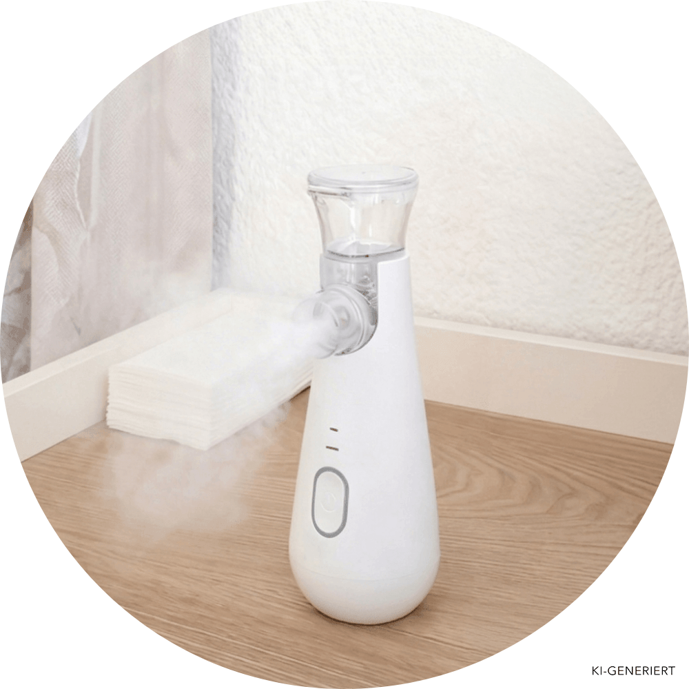 Produktfoto eines Inhalators der auf einem Nachttisch steht. Der Inhalator ist eingeschaltet und es kommt Dampf raus.